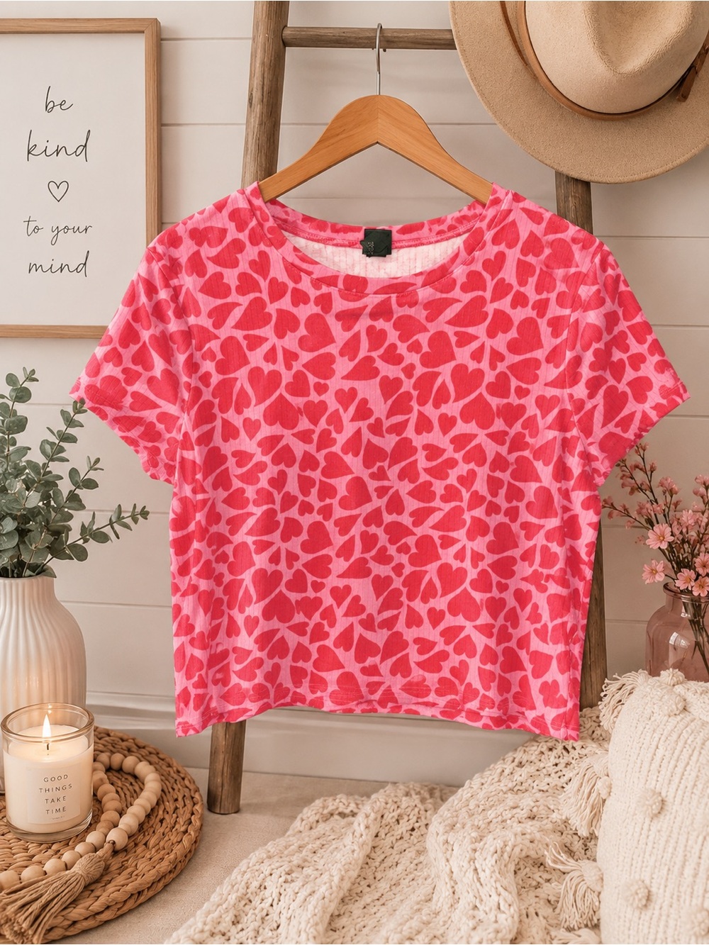 wild fable Pink Heart-Print Cropped Tee
